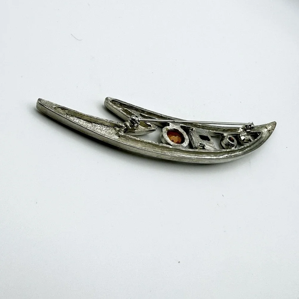 Large Modernist Bar Brooch Silver Tone Black Clear Rhinestone 5.25